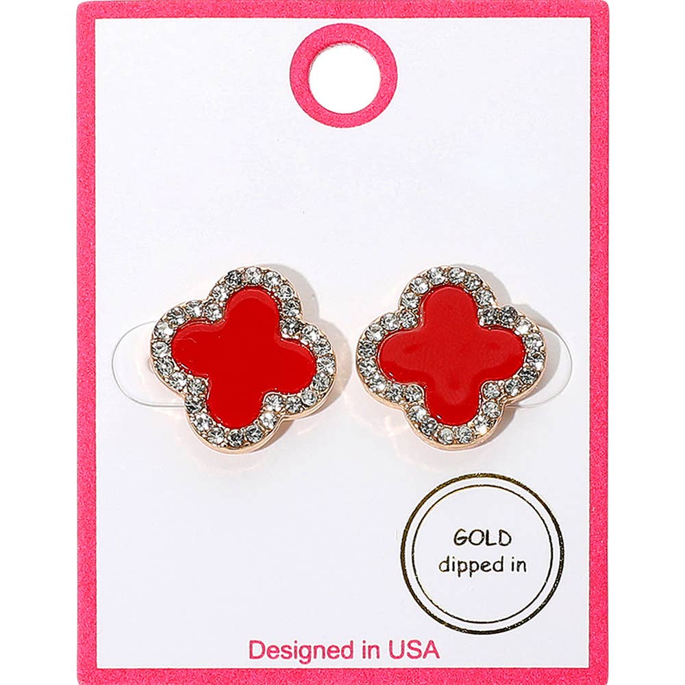 Gold Dipped Rhinestone Rim Quatrefoil Stud Earrings: Pink Rhodium