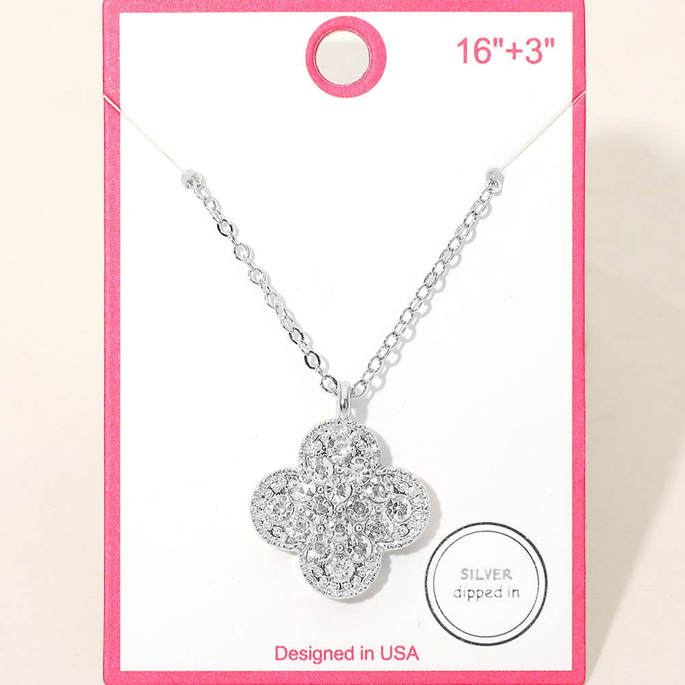 Gold Dipped Stone Pave Quatrefoil Pendant Necklace: Clear,Gold