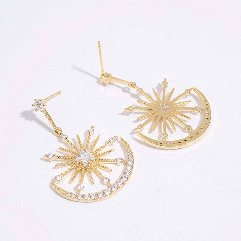 Sun Moon Rhinestone Earrings E5498: Gold