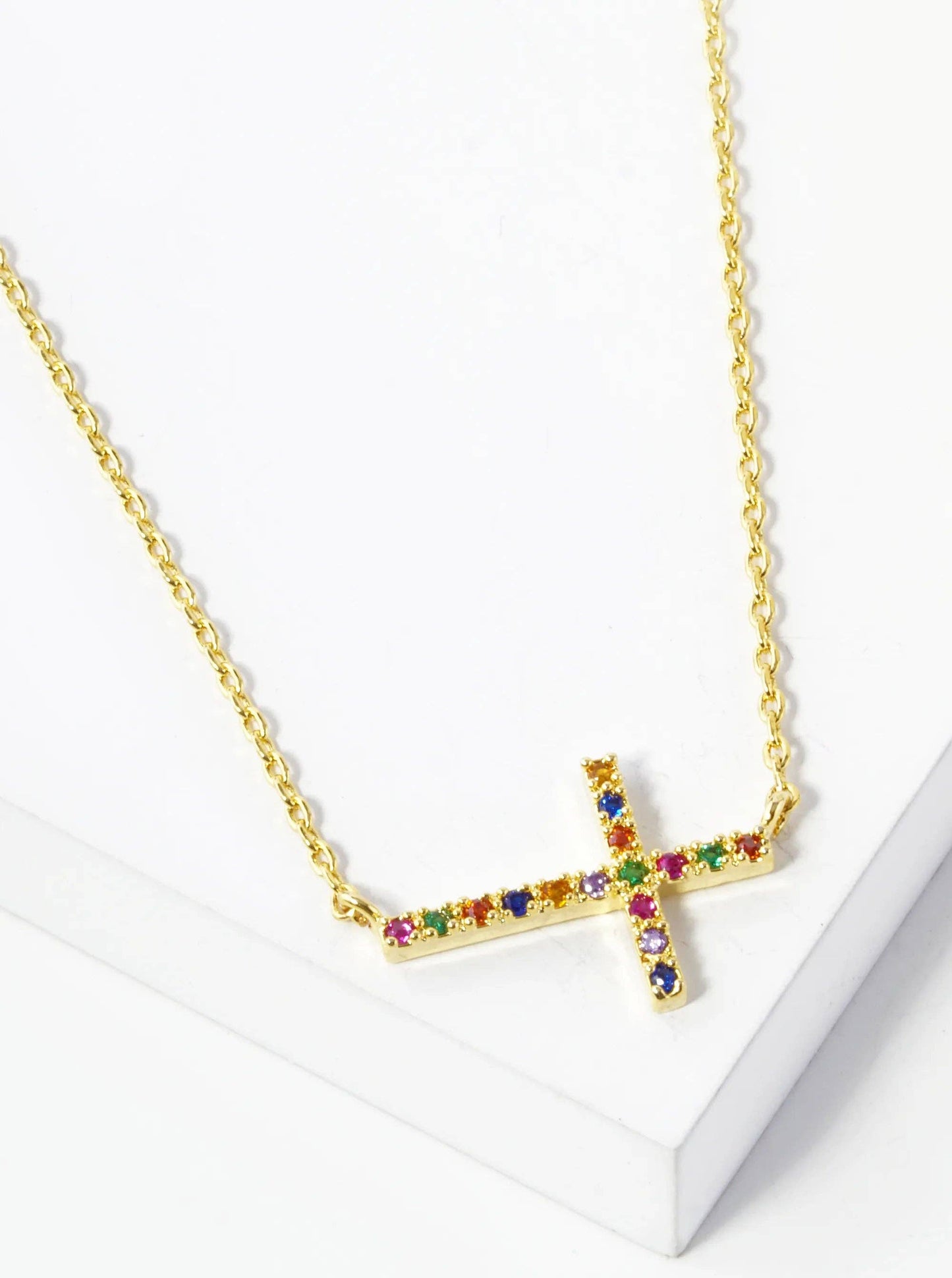 White Gold Dipped Cubic Zirconia Pave Sideways Cross Pendant Necklace: Gold