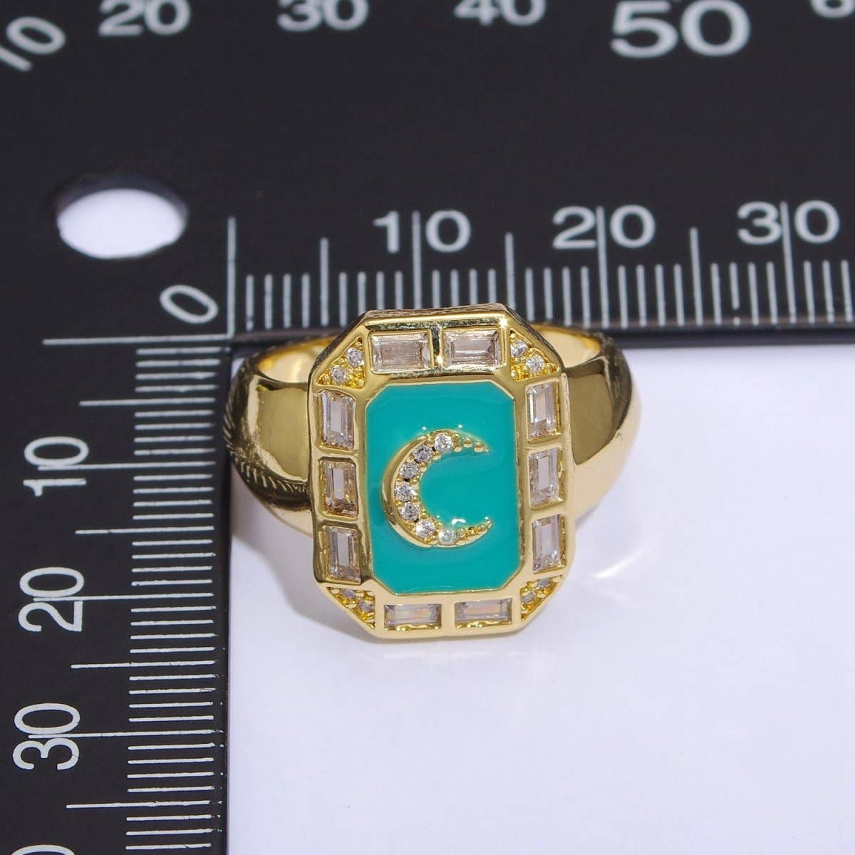 Crescent Moon Spinel Signet Ring Gold Chunky Ring Celestial Enamel Colorful Cz Jewelry U-001~U-005: White