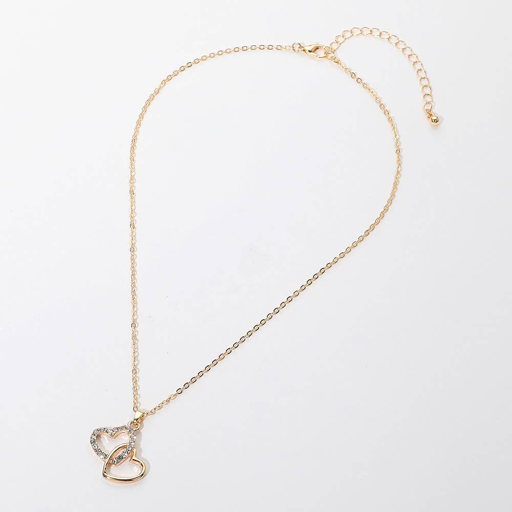 Gold Dipped Rhinestone Paved Layered Double Heart Pendant Necklace: Clear,Gold