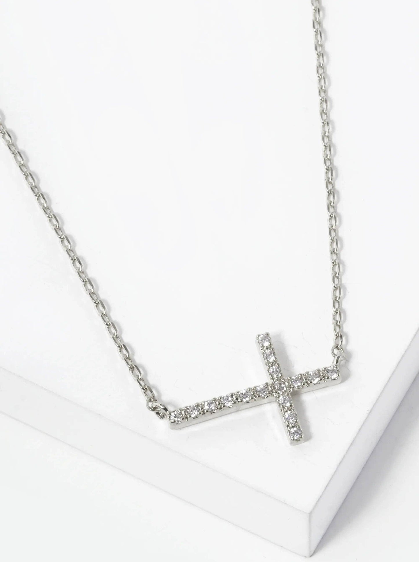 White Gold Dipped Cubic Zirconia Pave Sideways Cross Pendant Necklace: Gold