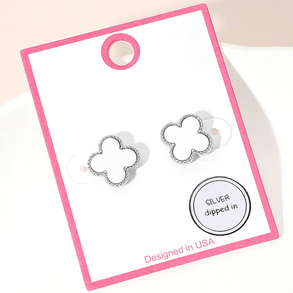 Gold Dipped Quatrefoil Stud Earrings: Red,Rhodium
