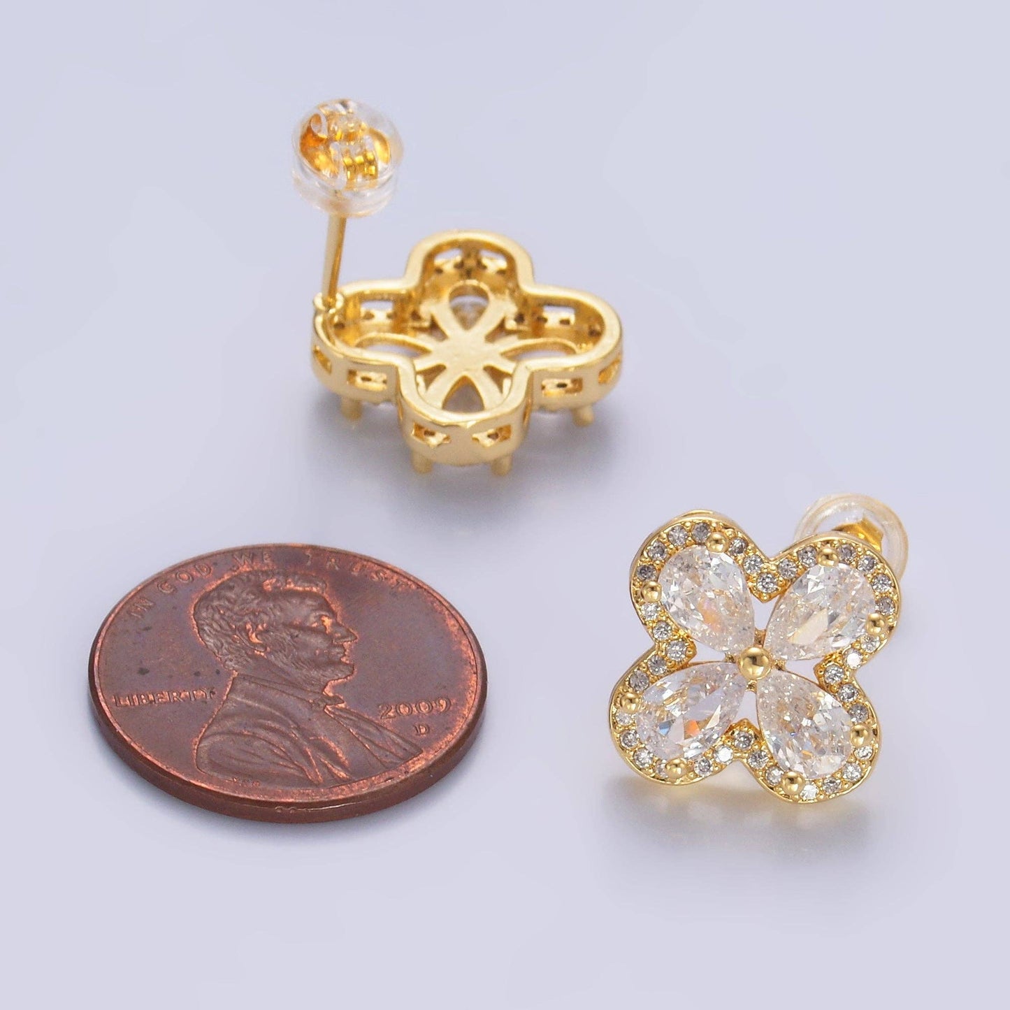 24K Gold Filled Clear CZ Micro Paved CZ Quatrefoil Stud Earrings in Gold & Silver | AB688 AB689: Gold
