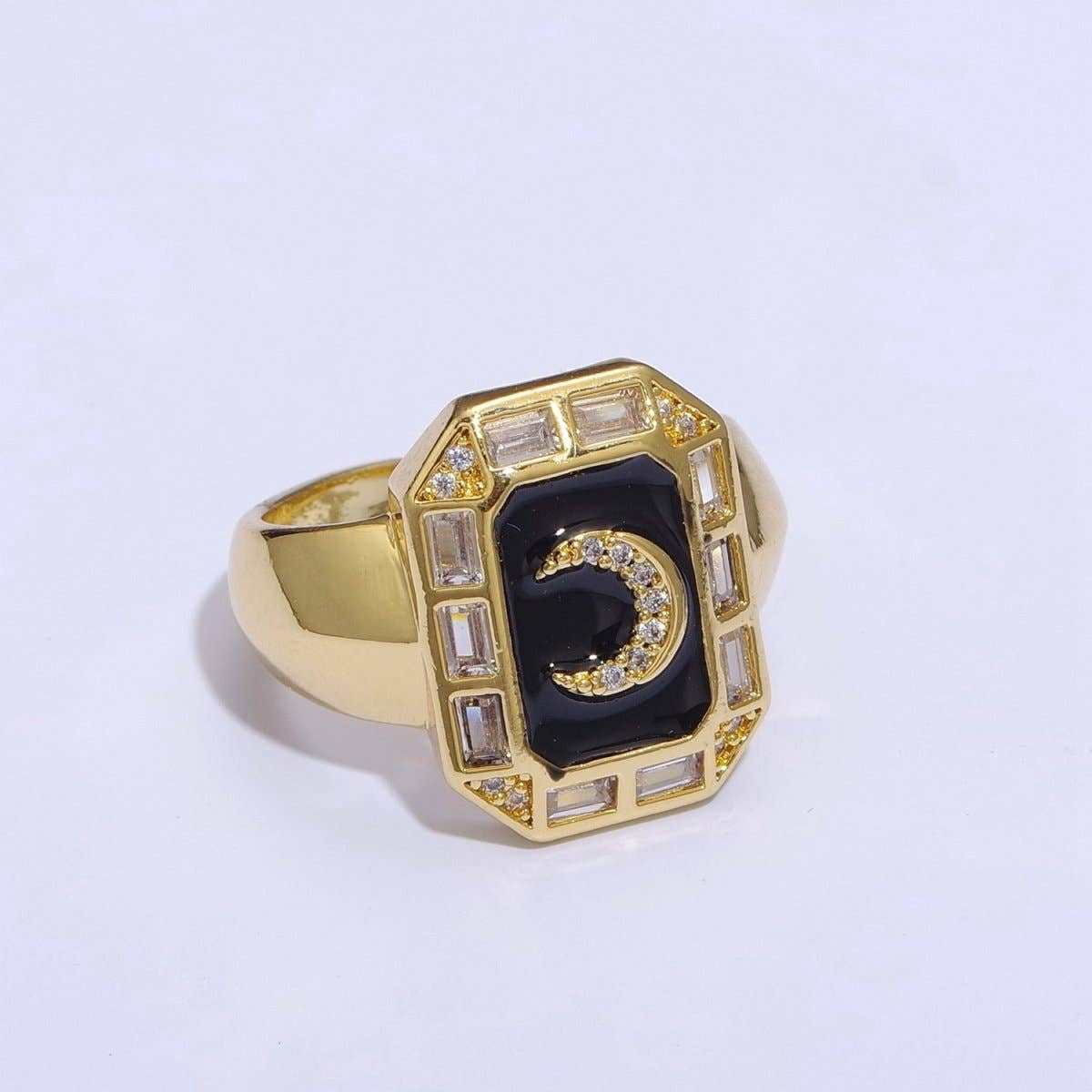Crescent Moon Spinel Signet Ring Gold Chunky Ring Celestial Enamel Colorful Cz Jewelry U-001~U-005: White