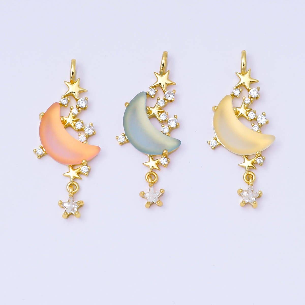 24K Gold Filled 27.5mm Micro Paved CZ Blue, Pink, Clear Stars Moonlight Set Drop Pendant | AA1628 AA1629: Blue