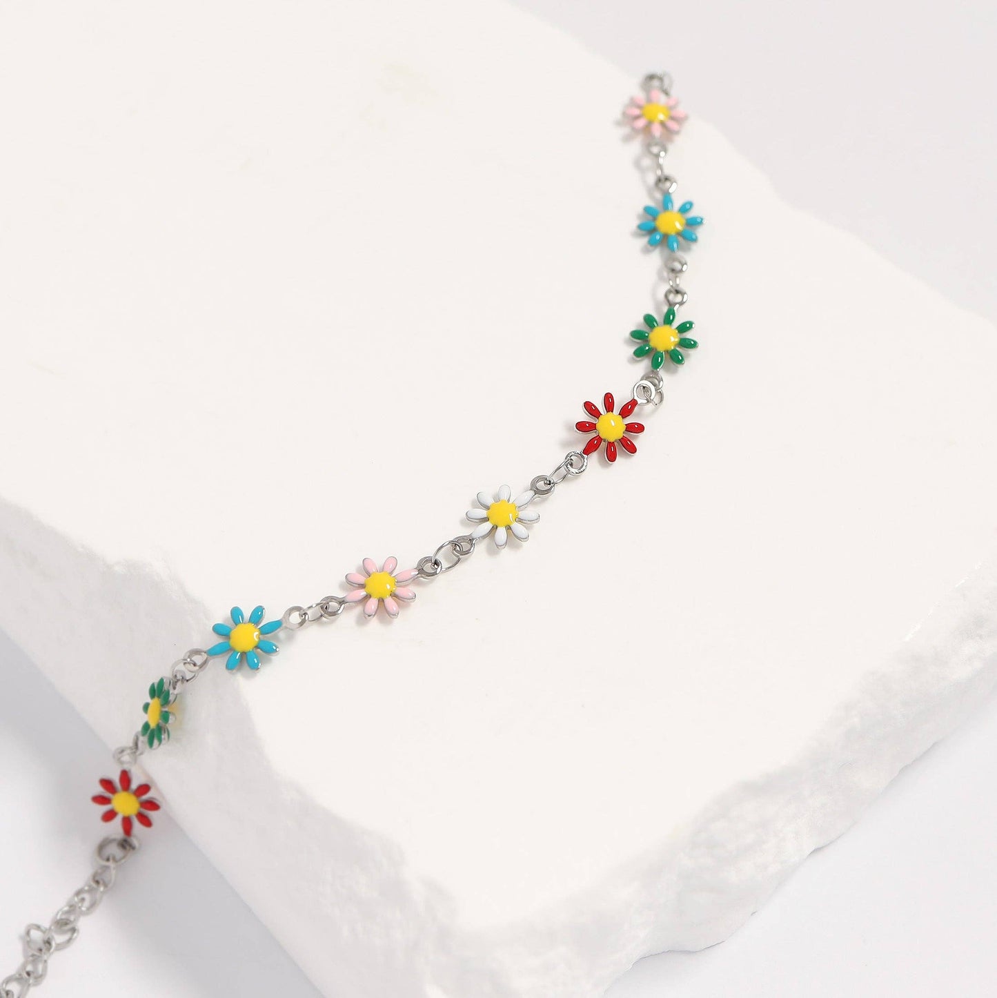 18K Gold PVD Multi Colored Floral Chain Bracelet: Stainless