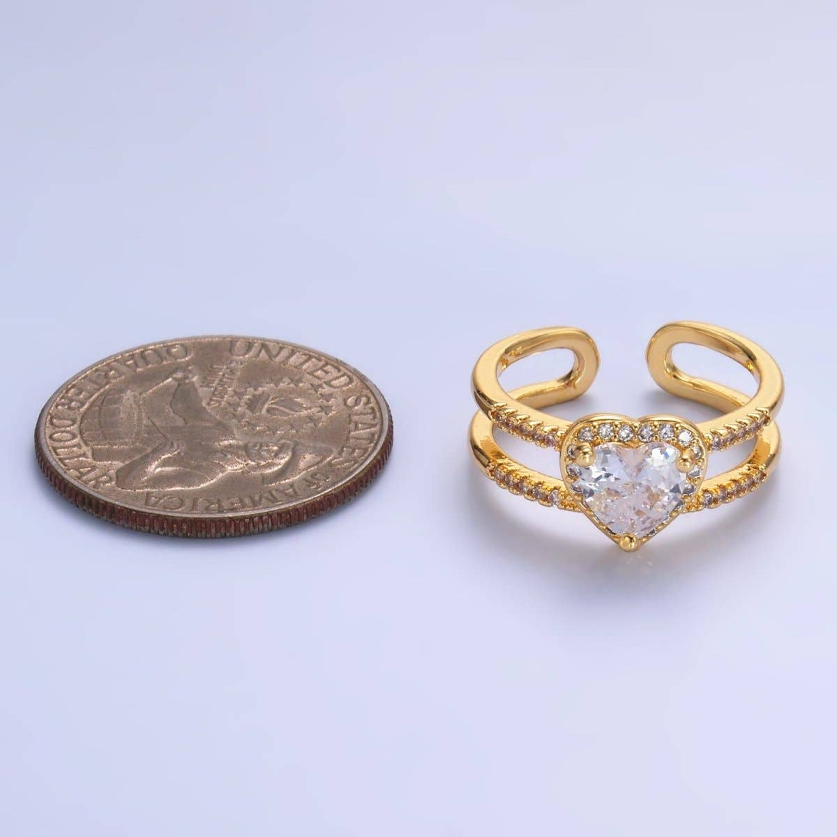 24K Gold Filled Heart CZ Micro Paved Double Band Ring | O546