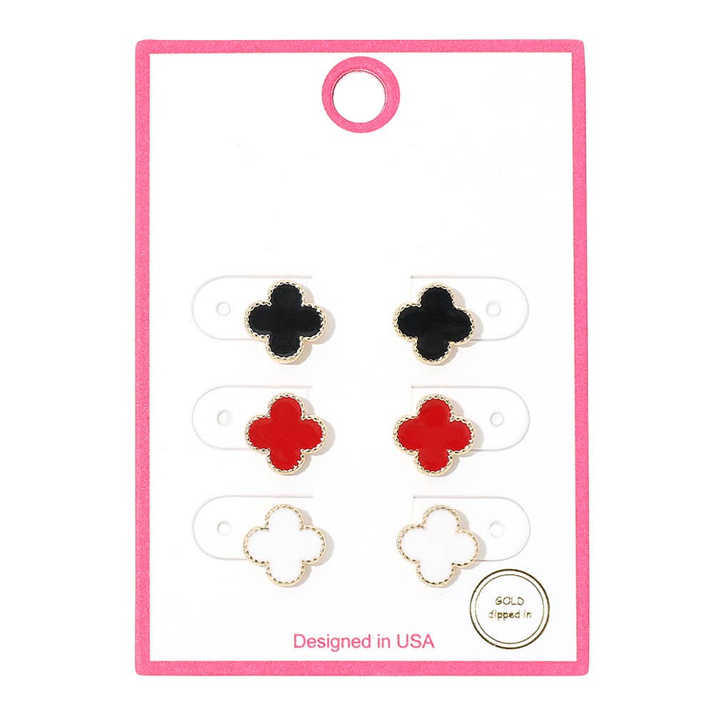 3Pairs - Gold Dipped Quatrefoil Stud Earring Set: Gold,Multi