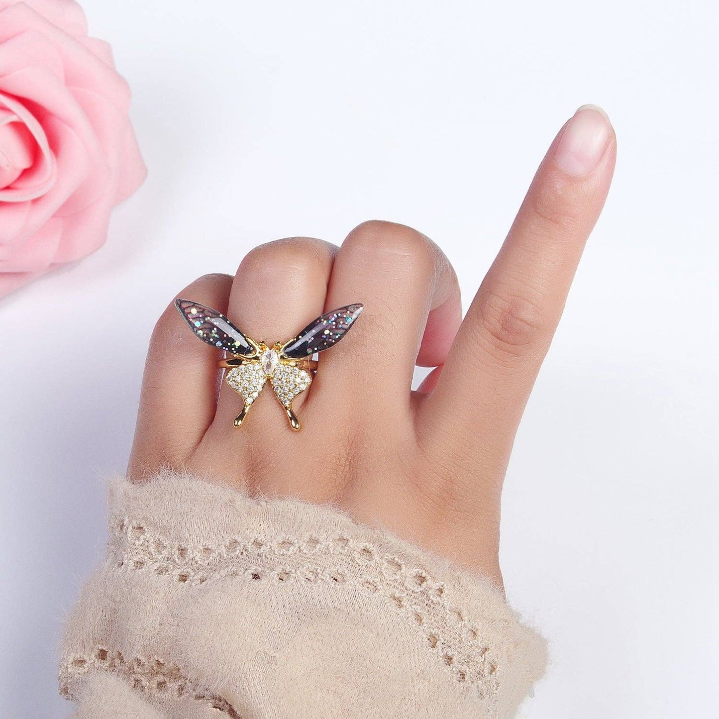 Fuchsia, Blue Micro Paved Butterfly Wings Teardrop Insect Gold Rings | Y400 Y401: Blue