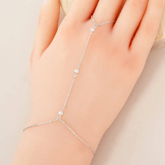 Three Round CZ Accent 18K-Gold-Dipped Delicate Brass Hand-Chain Bracelet: Rhodium