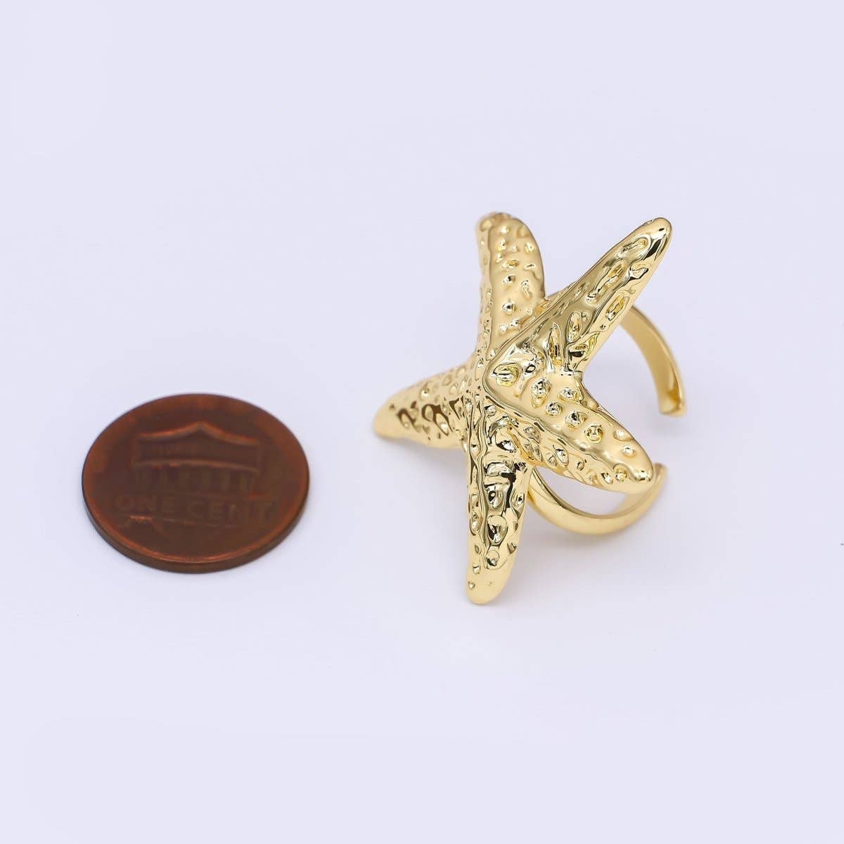 24K Gold Filled Realistic Dotted Sea Starfish Adjustable Open Ring | O1465