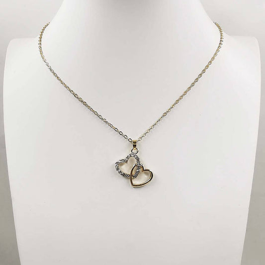 Gold Dipped Rhinestone Paved Layered Double Heart Pendant Necklace: Clear,Gold