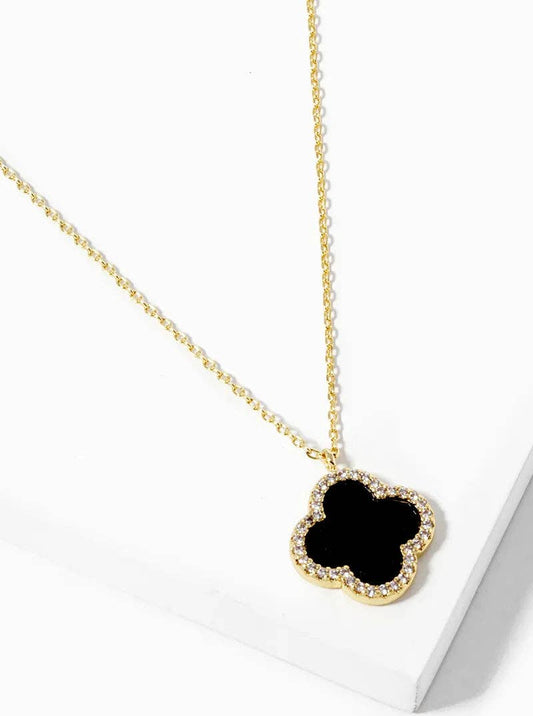 White Gold Dipped CZ Pave 15mm Quatrefoil Pendant Necklace: Gold-Black