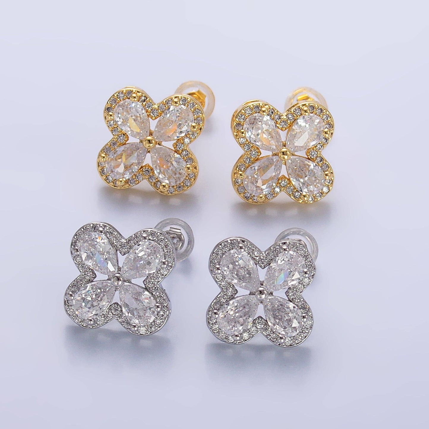 24K Gold Filled Clear CZ Micro Paved CZ Quatrefoil Stud Earrings in Gold & Silver | AB688 AB689: Gold