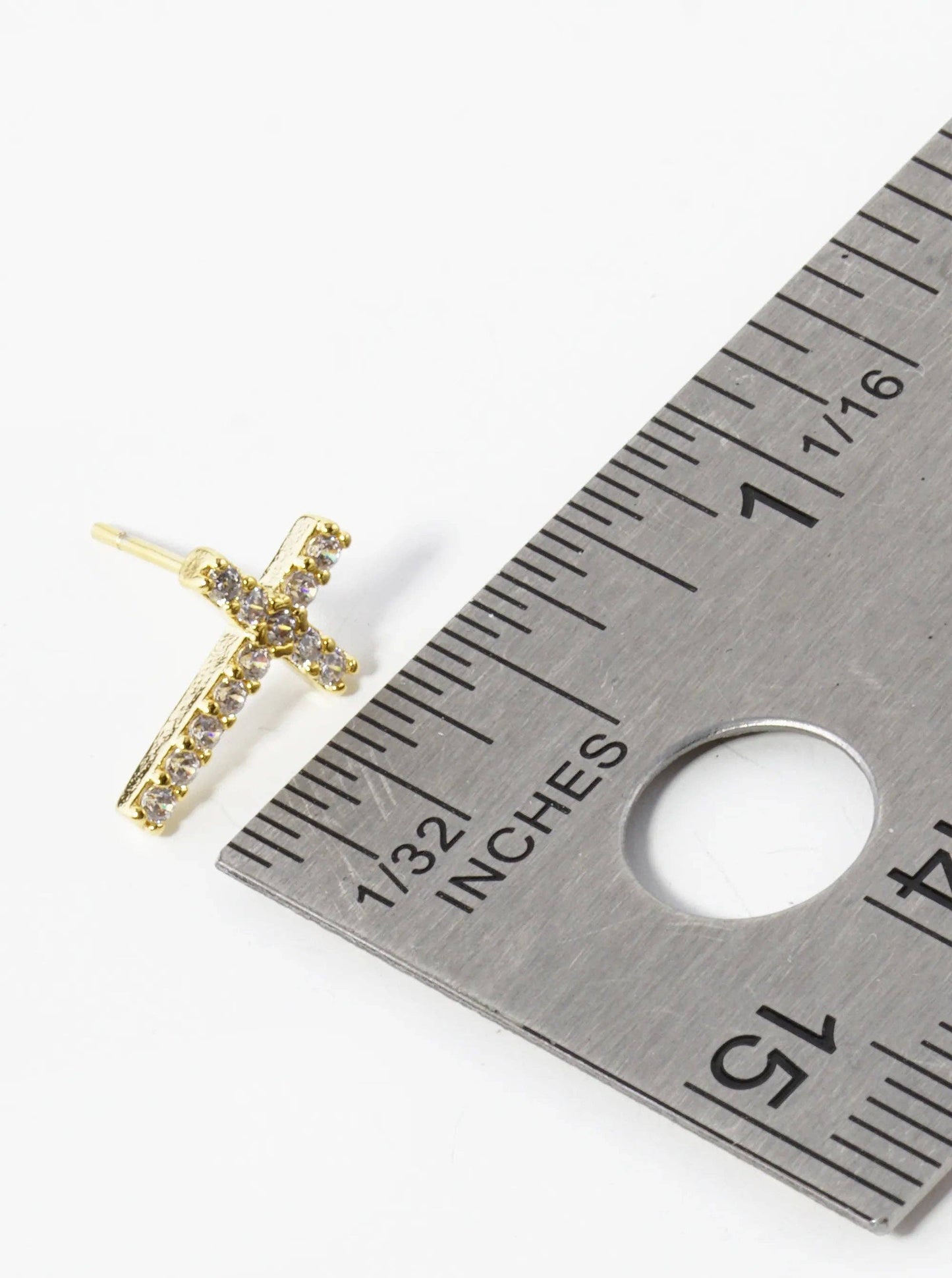 18K Gold Dipped Cubic Zirconia Pave Cross Stud Earrings: Rhodium