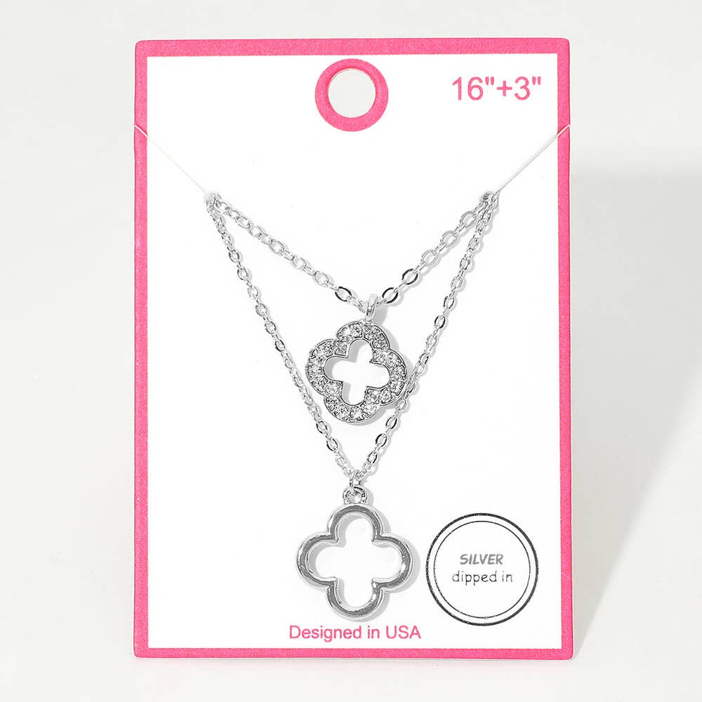 Gold Dipped Double Quatrefoil Pendant Layered Necklace: Clear,Gold