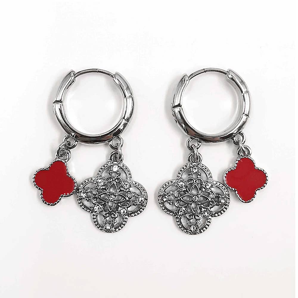 Gold Dipped Quatrefoil Huggie Hoop Earrings: Gold,Red