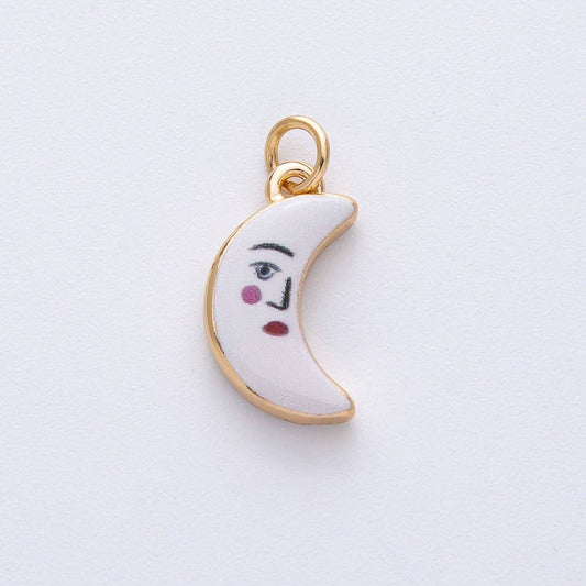 18K Gold Filled 17mm Face Celestial Crescent Moon White Enamel Charm | AF1611