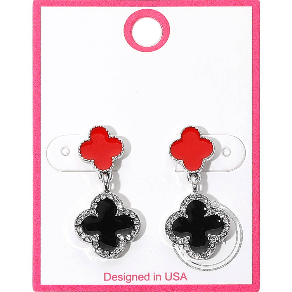Rhinestone Accented Quatrefoil Drop Earrings: Gold Black Red