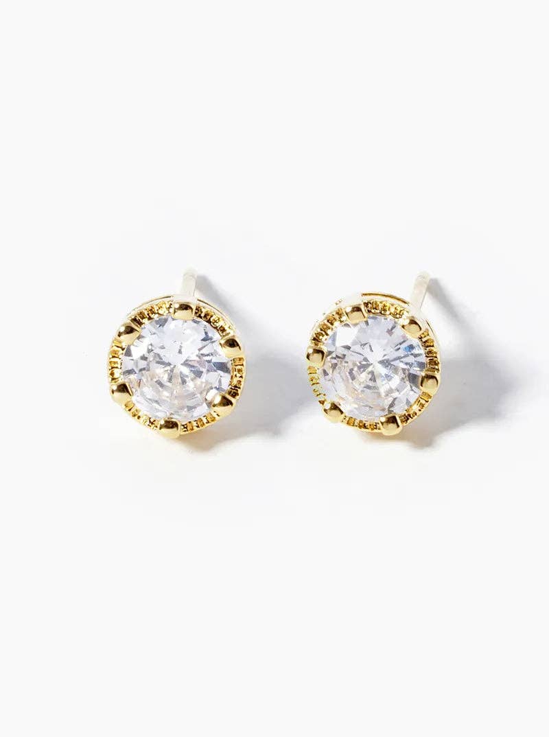 White Gold Dipped 6-Prong CZ Post Stud Earrings: Gold