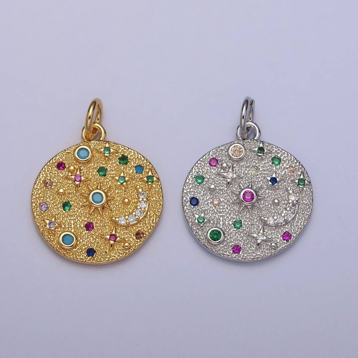 Gold Filled Celestial CZ Crescent Moon Star Sun Dotted Hammered Coin Charm in Gold & Silver | AC256 AC257: Silver