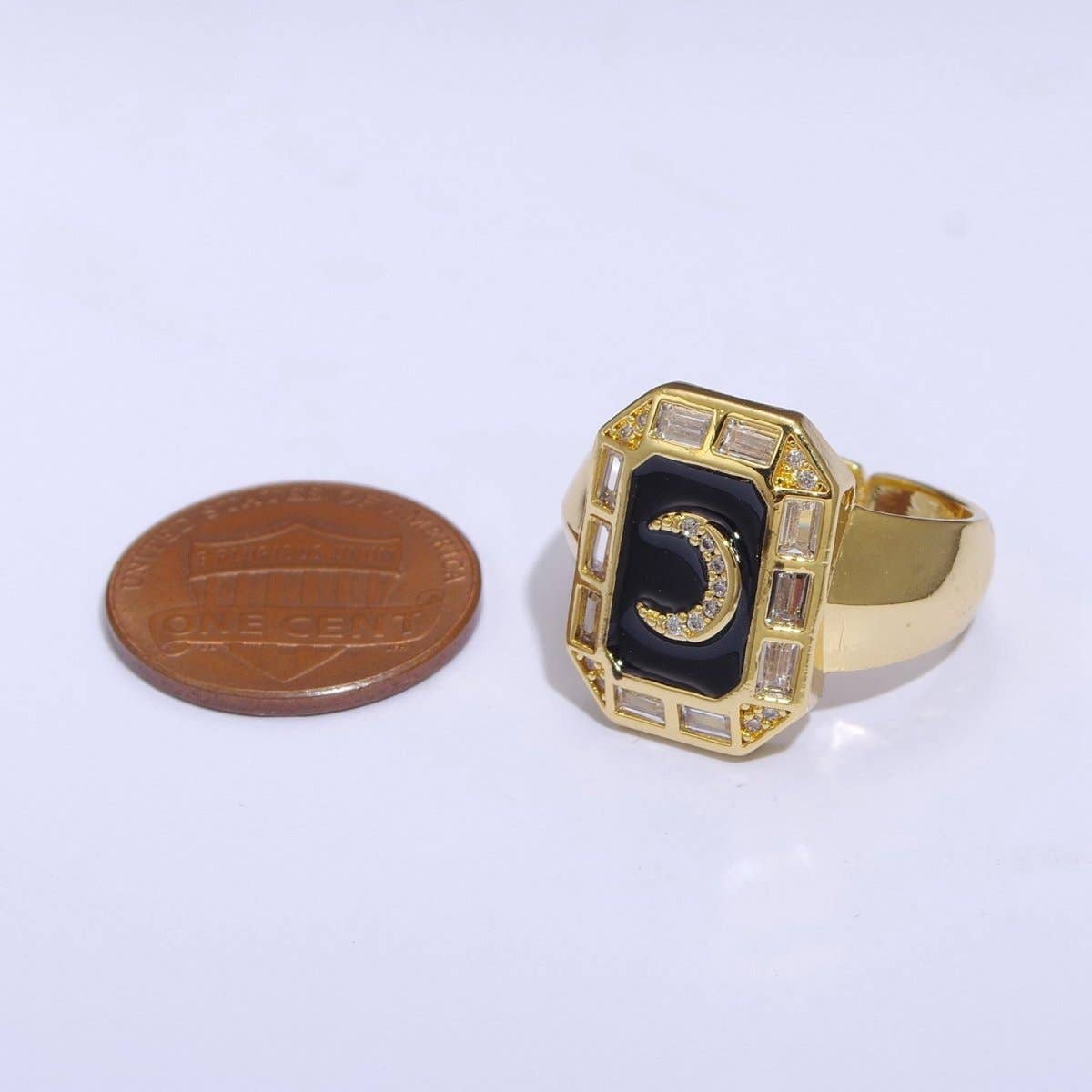 Crescent Moon Spinel Signet Ring Gold Chunky Ring Celestial Enamel Colorful Cz Jewelry U-001~U-005: White