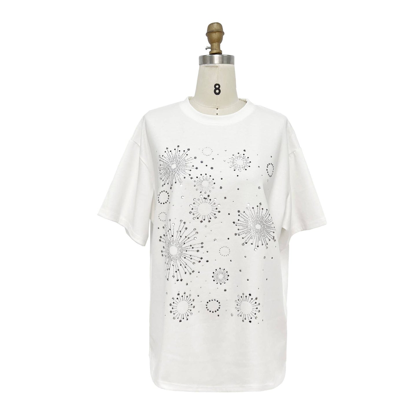 X8796CT Oversized Embellished Crew Neck T Shirt: WHITE / ONE SIZE