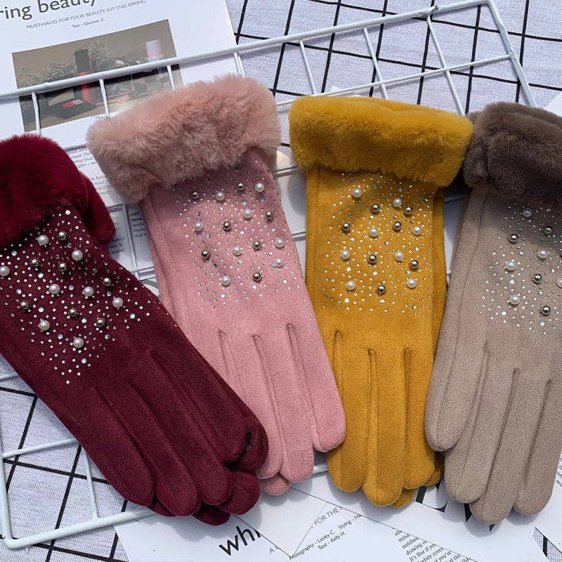 Pearl Rhinestone Suede Gloves GL0010: Red