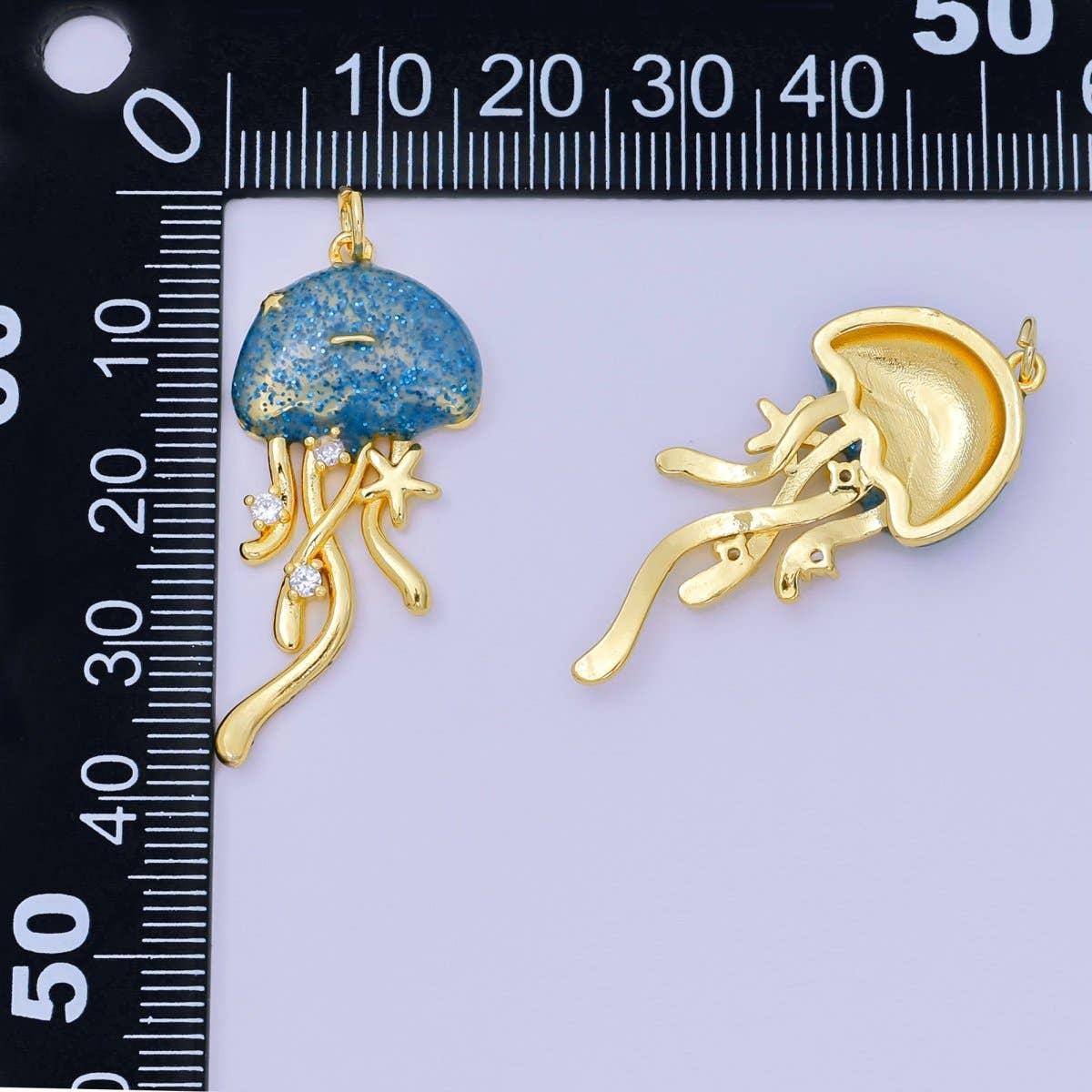 24K Gold Filled 35.5mm Enamel Art Blue Glittered Jellyfish Sea Animal Charm | AH-605