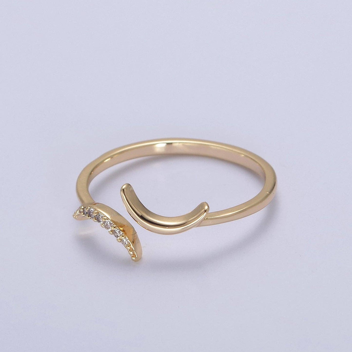 16K Gold Filled Double Crescent Moon Ring, Celestial Crystal Zirconia CZ Adjustable Open Ring | U425