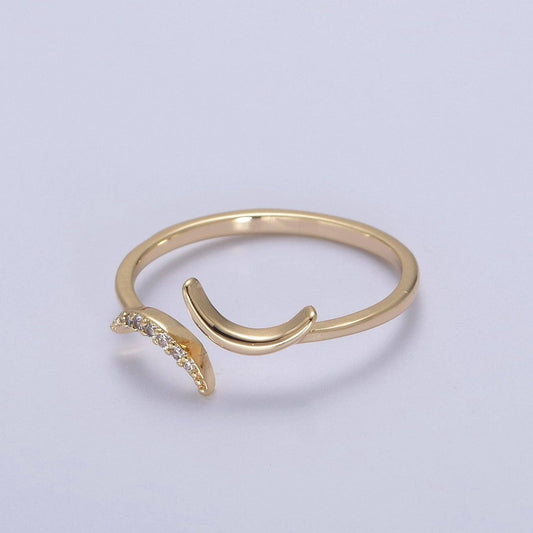 16K Gold Filled Double Crescent Moon Ring, Celestial Crystal Zirconia CZ Adjustable Open Ring | U425