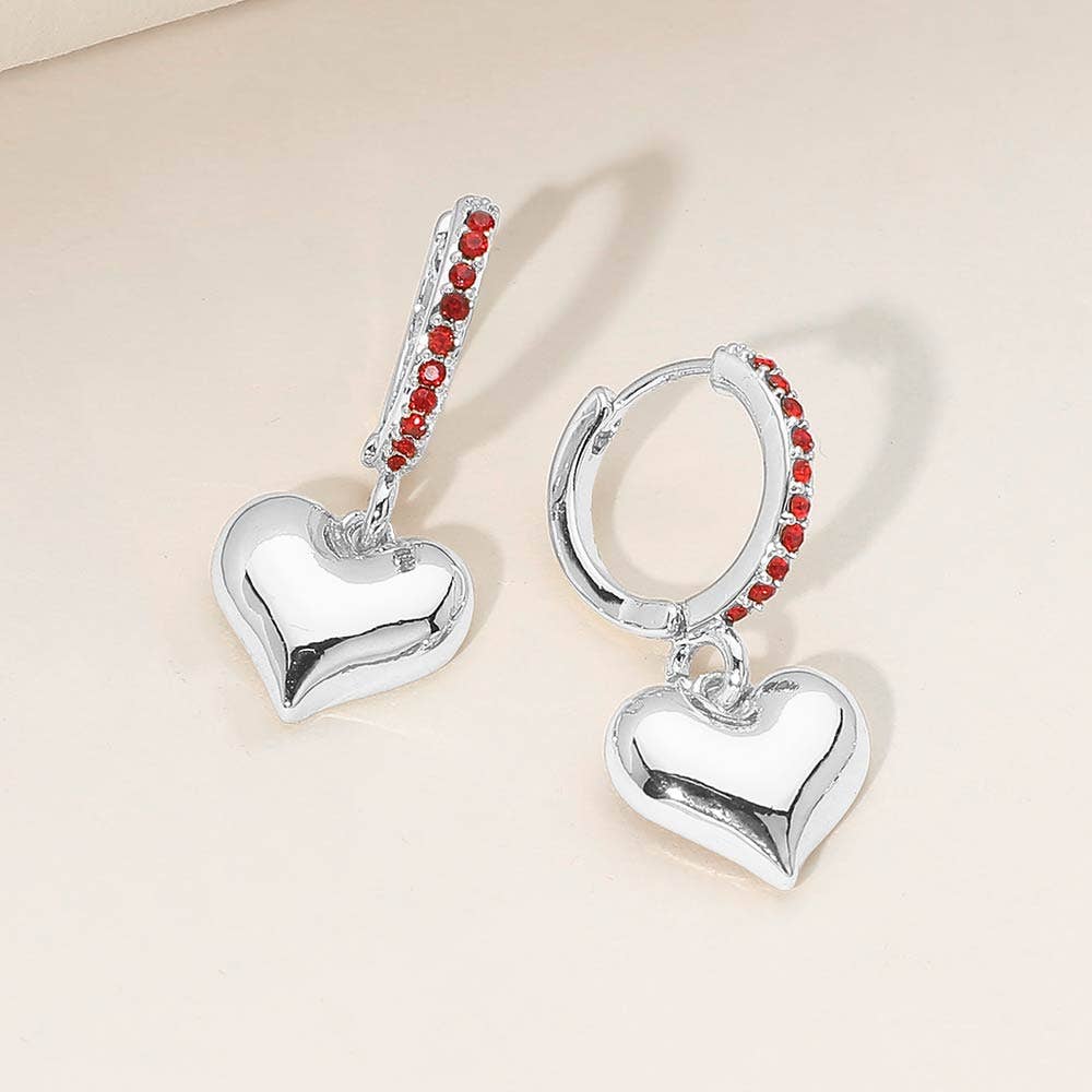 Gold Dipped Heart Charm Drop Dangle Stone Pave Huggie Hoop Earrings: Gold,Siam