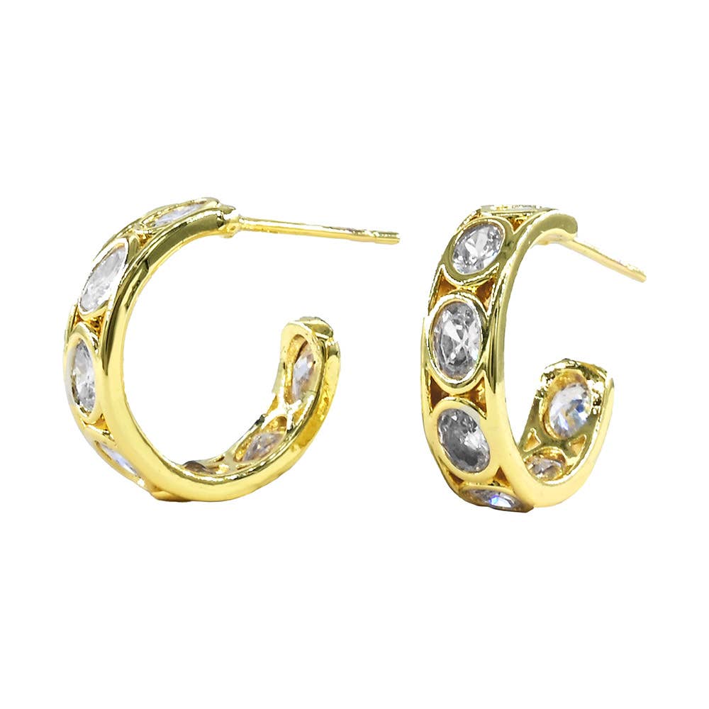 Gold Dipped Oval CZ Bezel Around Mini Open Hoop Earrings: Gold
