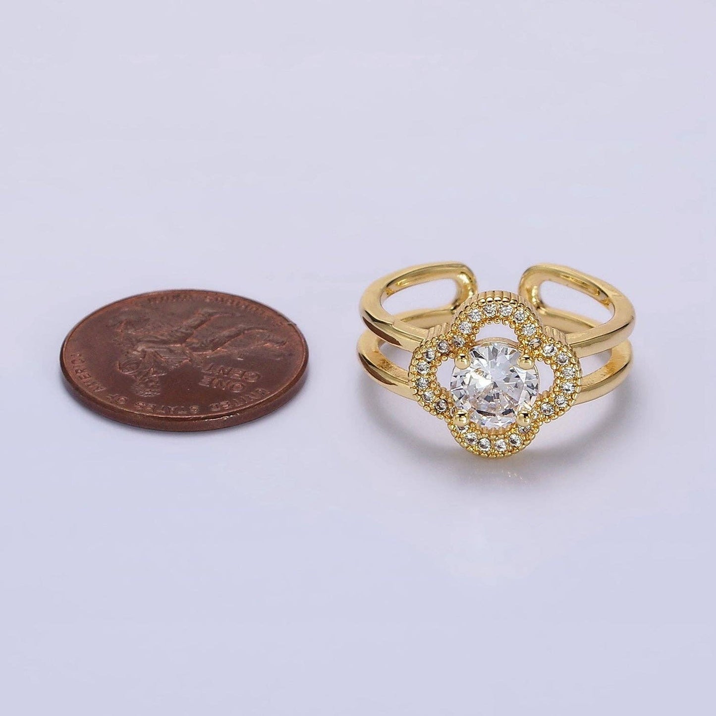 14K Gold Filled Clear CZ Quatrefoil Clover Double Band Ring