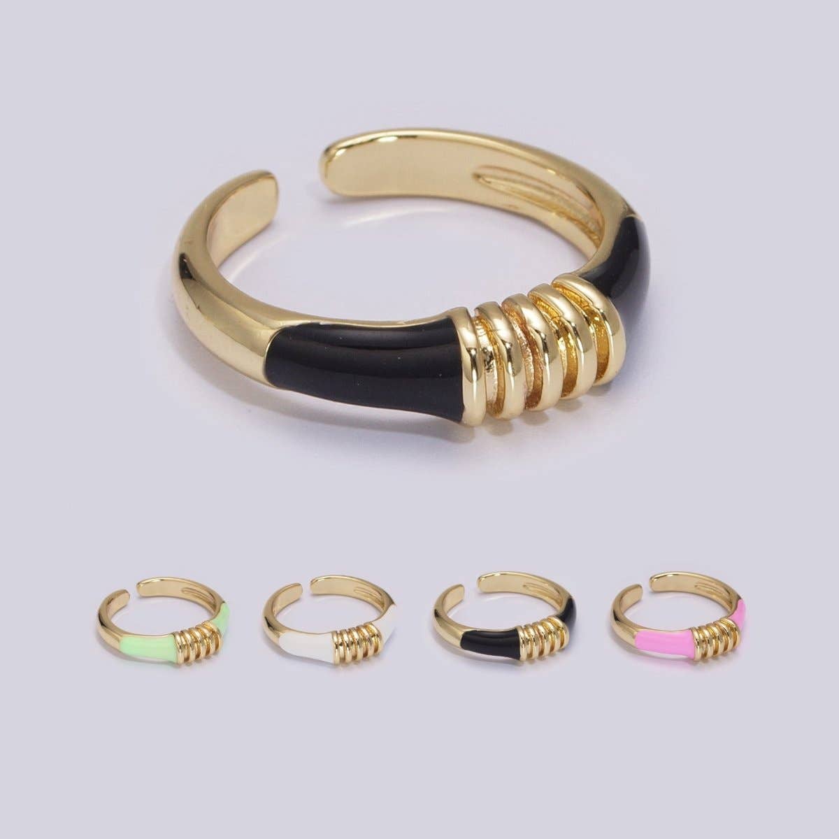 Colorful Pastel Enamel Ring • Gold Filled Multicolor Open Band • Green Pink Black White Minimalist Stackable Ring U-115~U-118: Black