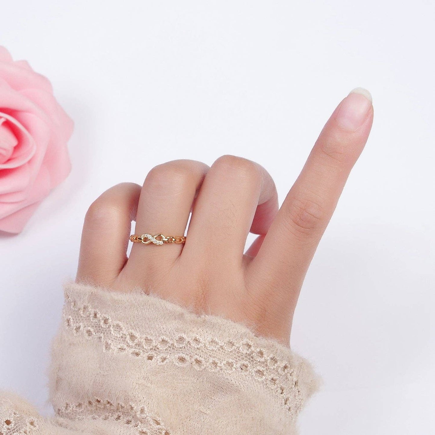 Gold Micro Paved Infinity Cable Chain Link Adjustable Stacking Ring | X587