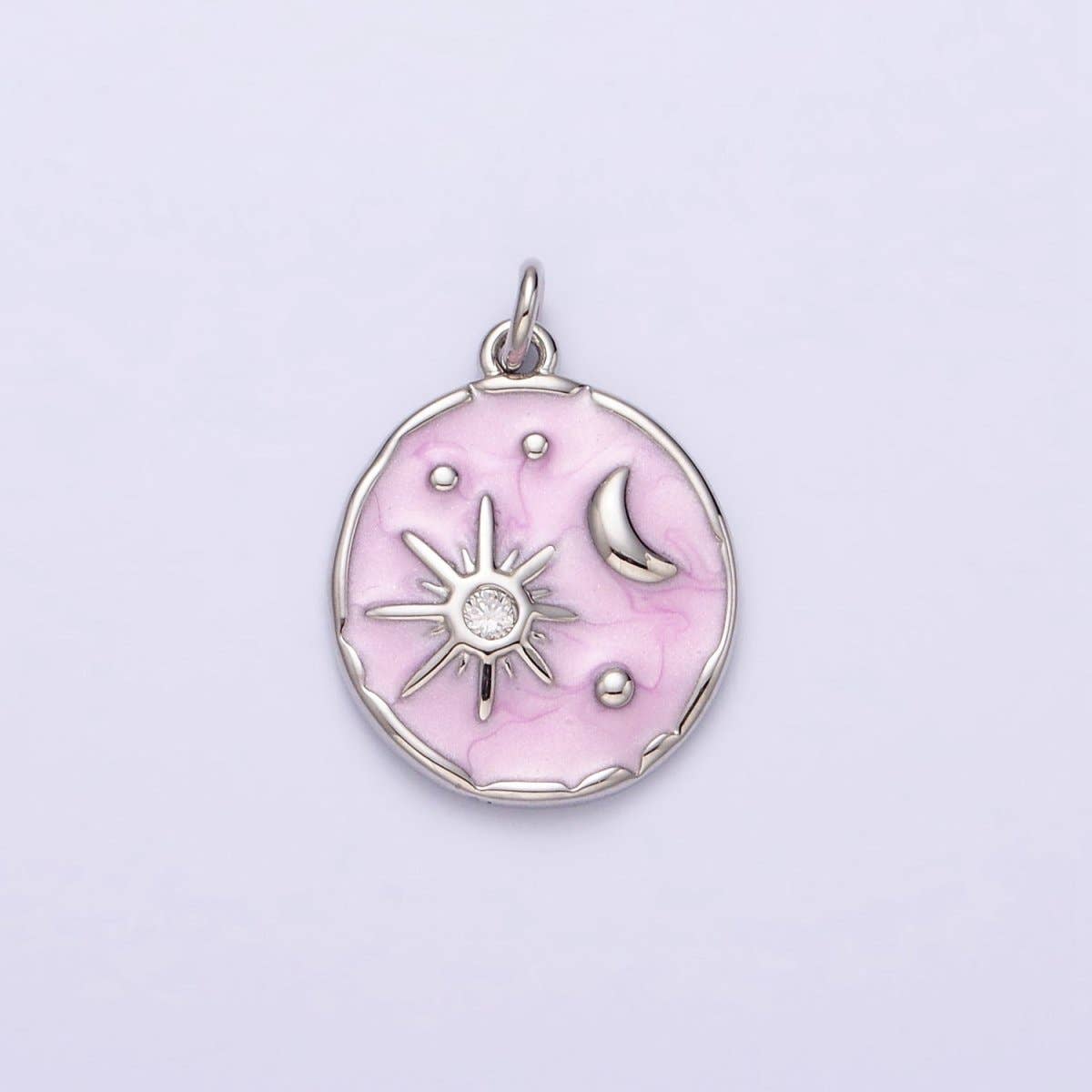 16K Gold Filled Celestial Sun Star Crescent Moon White, Blue, Pink Sparkly Enamel Round Stamped Charm in Gold & Silver | AC1356 - AC1361: Gold / Pink
