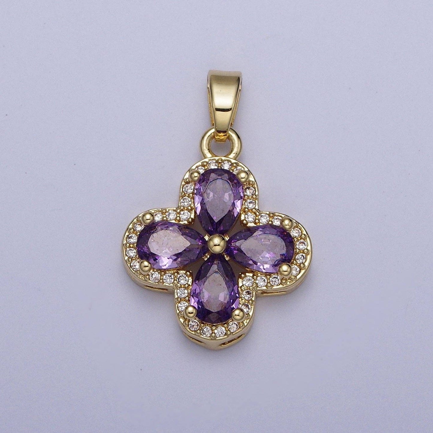Micro Paved Quatrefoil Lucky Clover Pendant with Teardrop Cubic Zirconia Pendant For DIY Necklace Making | X-516-X-519: Clear