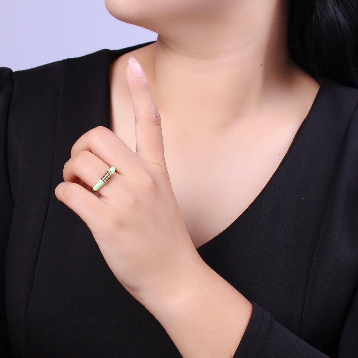 Colorful Pastel Enamel Ring • Gold Filled Multicolor Open Band • Green Pink Black White Minimalist Stackable Ring U-115~U-118: Black