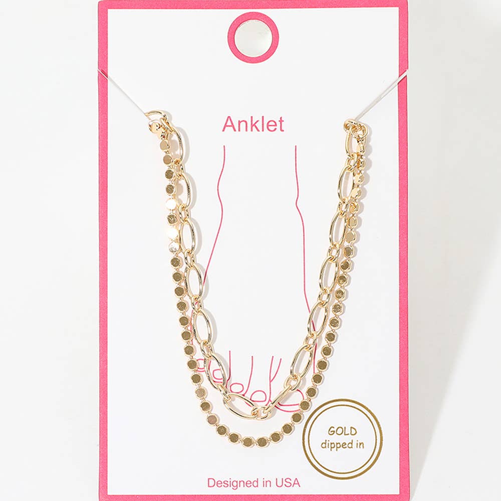 Gold Dipped Disc Paperclip Layered Chain Anklet: Gold