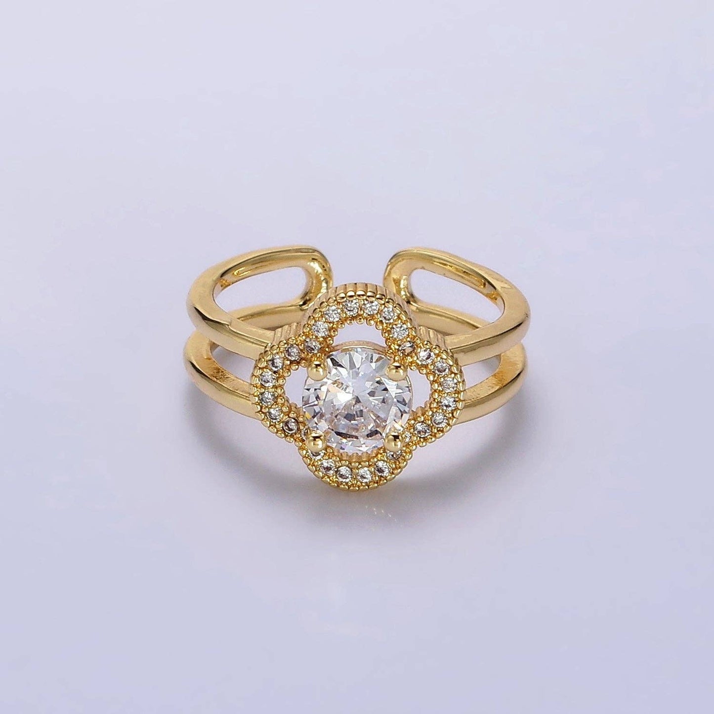 14K Gold Filled Clear CZ Quatrefoil Clover Double Band Ring