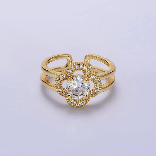 14K Gold Filled Clear CZ Quatrefoil Clover Double Band Ring