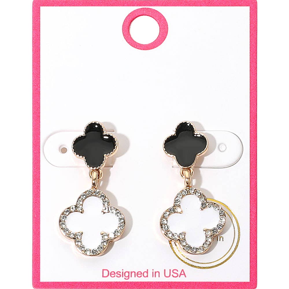 Rhinestone Accented Quatrefoil Drop Earrings: Gold Black Red
