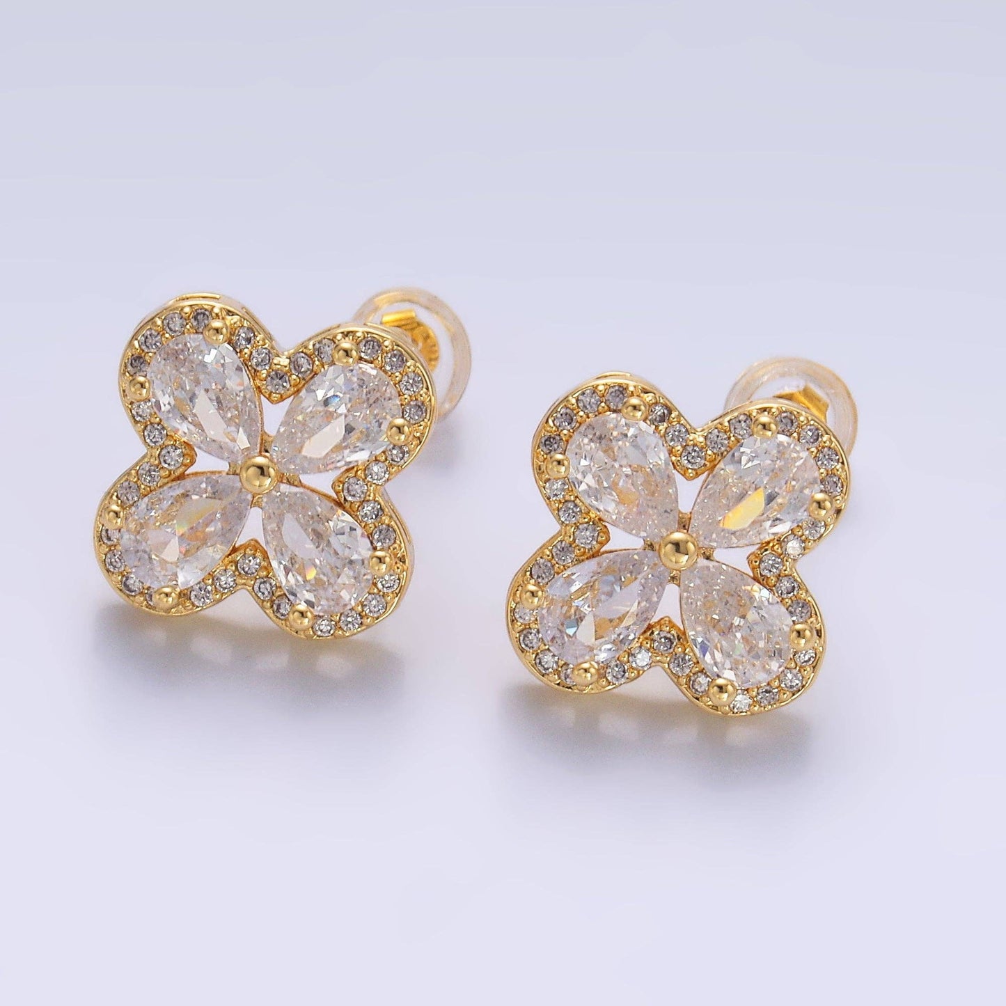 24K Gold Filled Clear CZ Micro Paved CZ Quatrefoil Stud Earrings in Gold & Silver | AB688 AB689: Gold