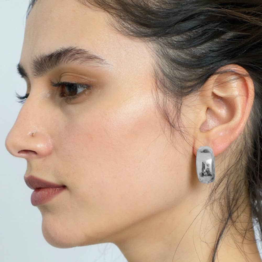 14K Gold Dipped Bold Round Huggie Hoop Earrings: Silver
