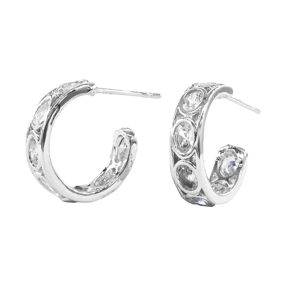 Gold Dipped Oval CZ Bezel Around Mini Open Hoop Earrings: Gold