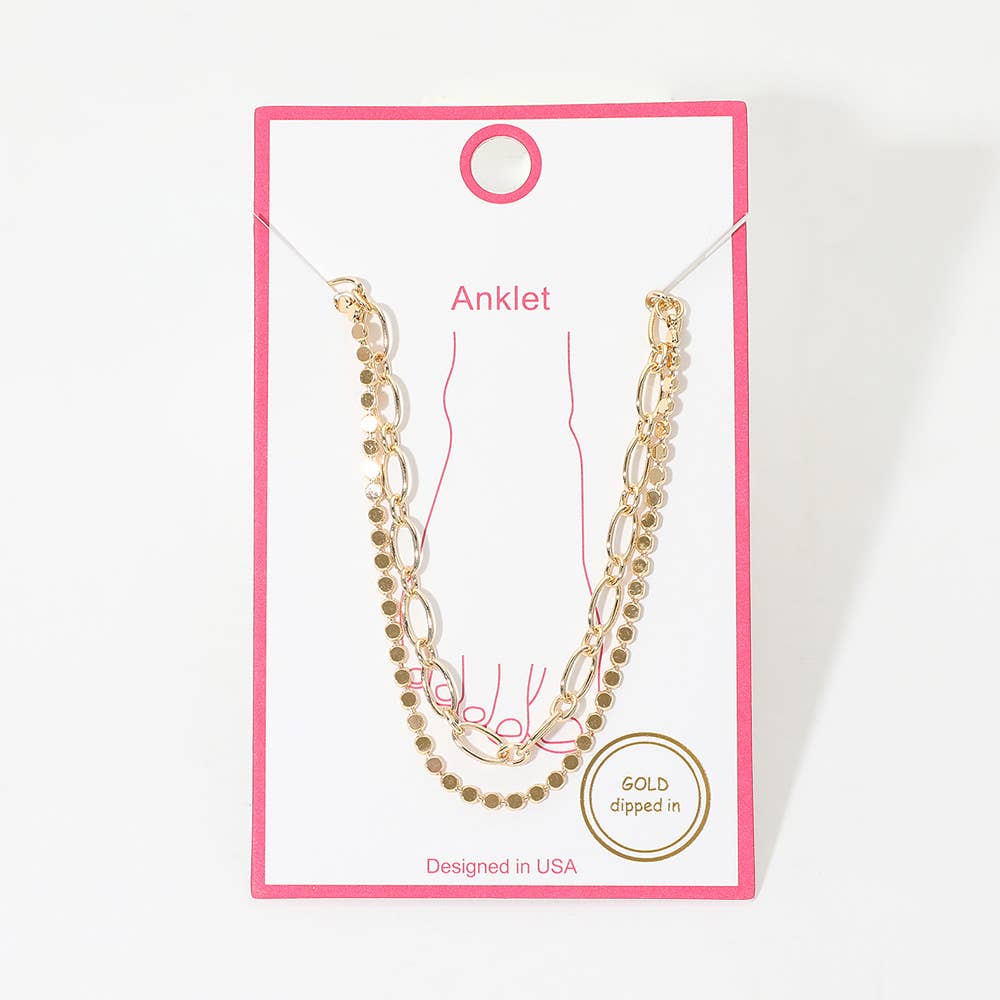 Gold Dipped Disc Paperclip Layered Chain Anklet: Gold