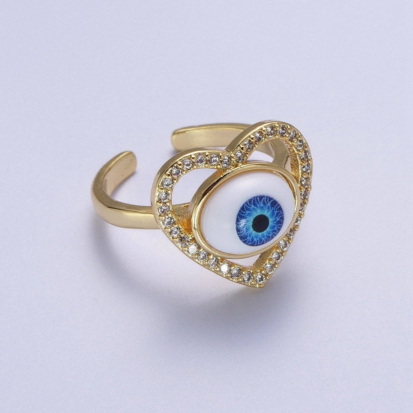 Blue Evil Eye Heart Love MicroPaved CZ Bezel Open Ring O2004